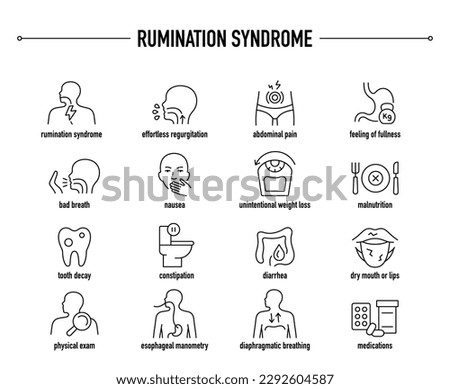 Rumination Syndrome symptoms, diagnostic and treatment vector icon set. Line editable medical icons.