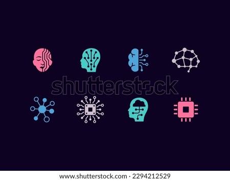 AI, Artificial Intelligence vector icon set. Cyborg, robotic technologies, neural network icons. Android, chat bot mobile app, CPU, transhumance concept.