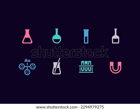 Chemical science vector icon set. Laboratory equipment, scientific experiments, flasks icons.