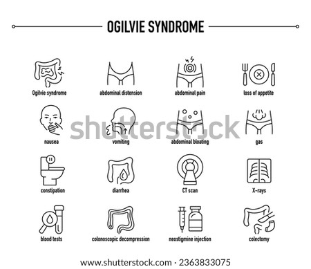 Ogilvie Syndrome symptoms, diagnostic and treatment vector icons. Line editable medical icons.