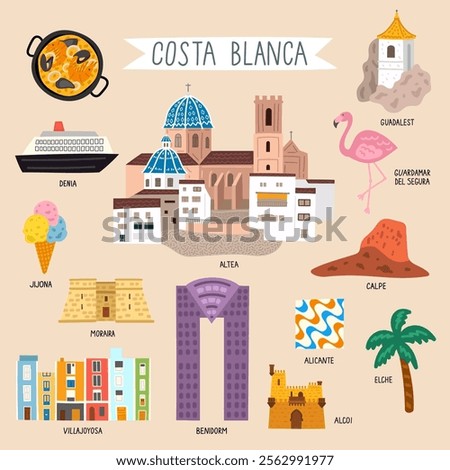 Costa Blanca, Spain travel landmarks vector set.