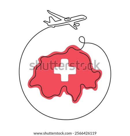 Flight to or from Switzerland. Switzerland map and airplane.