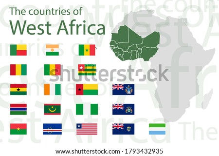 Set of icons for flags of West Africa. Vector image of flags and maps of Africa on a white background. You can use it to create a website, print brochures, booklets, flyers, and travel guides. Imagine de stoc © 
