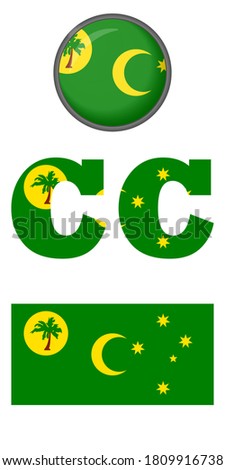 Icons of flag of the Cocos Islands on a white background. Vector image: button, flag and abbreviation. You can use it to create a website, print brochures, booklets, leaflets, stickers, guidebooks.