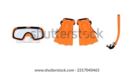 Diving equipment--orange diving goggles, snorkel and flippers on white background