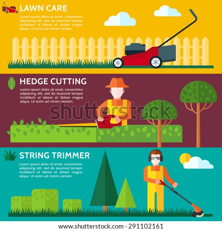 Lawn mower. Gardener cutting a hedge with a electric hedge cutter. Worker cutting grass in garden with the weed trimmer. Vector illustration