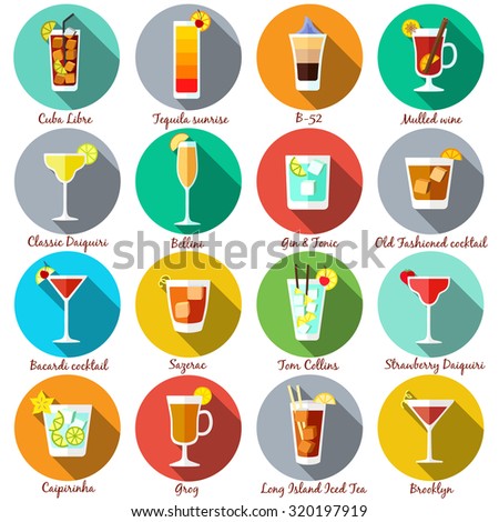 Alcohol drinks and cocktails icon set in flat design style. Vector illustration.