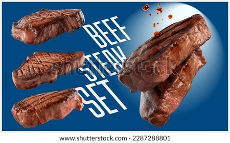 Beef steak set, realistic 3d steak falling in the air, rare grilled steak collection, ultra realistic, icon, falling flying, detailed, food photo