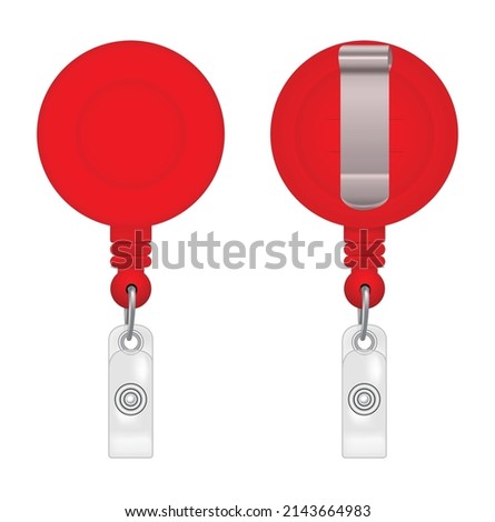 Badge reel or Reel badge in Red colour, file vector illustration, ID tag holder realistic view, red Reel badge isolated front and back view