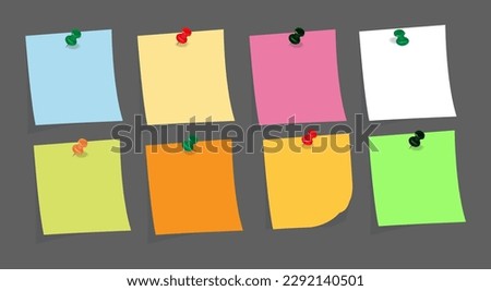 Notepad paper with pin vector illustration , binder clip, push pin, adhesive tape and tack. blank sticky paper in different color, Coloured sticky paper pinned on the notice board isolated