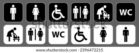 Toilet line icon set. WC sign, Men, Women, mother with baby and handicap symbol. Restroom for male, female, disabled. Vector graphics