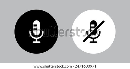 Microphone muted and unmuted icon vector illustration, Mic muted sign and Mic icon isolated, Set of mics black and white, Mic podcast logo broadcast icon, mute sign, mic symbol on and off, Audio sign