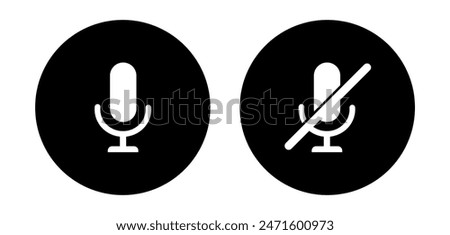 Microphone muted and unmuted icon vector illustration, Mic muted sign and Mic icon isolated, Set of mics black and white, Mic podcast logo broadcast icon, mute sign, mic symbol on and off, Audio sign