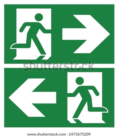 EXIT SIGN Vector Illustration, Emergency exit sign set. Man running out fire exit. Running man and exitdoor sign. Escape help evacuation safety symbol, right and left exit sign