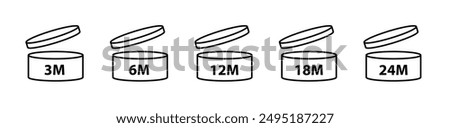 12M SIGN vector illustration, packaging symbol- 3M, 6M, 12M, 18M, 24M, 36M, PAO icons. Period after opening symbols. Set packaging signs for cosmetic. Expiration period in months, expiration date 12M