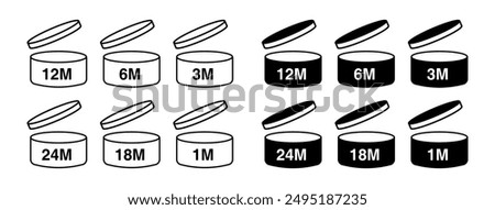 12M SIGN vector illustration, packaging symbol- 3M, 6M, 12M, 18M, 24M, 36M, PAO icons. Period after opening symbols. Set packaging signs for cosmetic. Expiration period in months, expiration date 12M