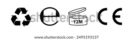 Recycle sign vector illustration, Set of packaging products symbols, packaging labels, information icons of recycling, Recycle icon, 12 months, estimated sign, 22 pap sign, packing sign isolated, 12M.