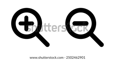 Zoom in and Zoom out icon vector illustration, magnifying glass icon isolated, plus minus sign, add symbol, delete sign, attached sign, search icon vector