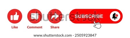 Subscribe button vector illustration, Like, Comment, Share and Subscribe icons in white background, Button Icon Set for Channel Subscribe, like, comment and share. notification icon with subscribe.