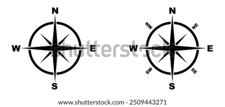 North, South, West, East compass sign isolated, Geographical position, Map direction, navigation sign, Vintage marine wind rose, Nautical chart. Navigational compass with cardinal directions of NEWS.