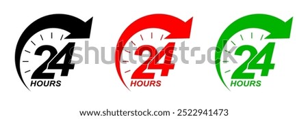 24 hours sign service vector illustration, 24 hours order execution symbol, 24h service duration sign. 24 h discount offer. Offer Icon, 24hrs delivery line icon set. fast 24hr sign, Fast service icon.