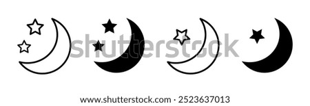 Crescent Moon with star symbol, Star and Crescent Outline Icon vector illustration, Islam Symbol isolated, Crescent moon with stars icon, Night icon, bedtime sign. Crescent moon icon, 