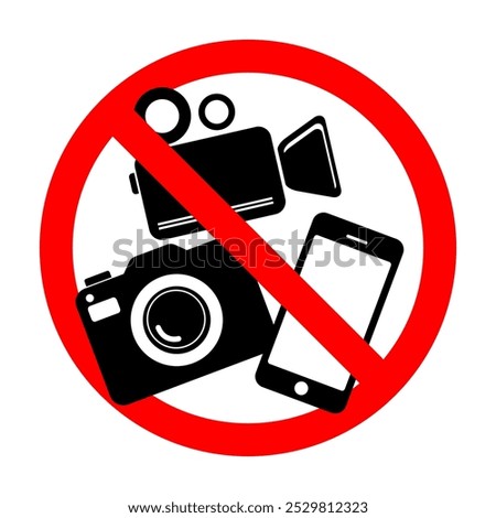 No photography video prohibited forbidden area sign,  No photo no video recording set silhouette icon, camera icon, No recording or taking pictures sign, Prohibiting the use of cameras or phones. 