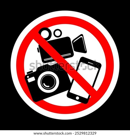 No photography video prohibited forbidden area sign,  No photo no video recording set silhouette icon, camera icon, No recording or taking pictures sign, Prohibiting the use of cameras or phones. 