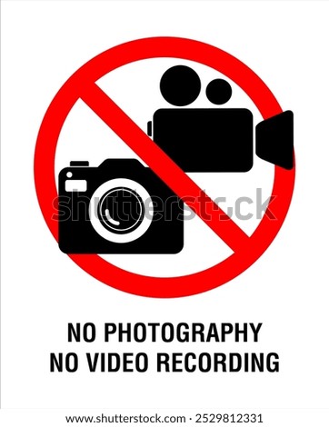 No photography video prohibited forbidden area sign,  No photo no video recording set silhouette icon, camera icon, No recording or taking pictures sign, Prohibiting the use of cameras or phones. 