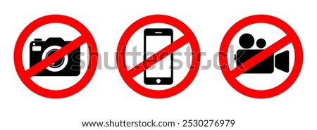 No photography video prohibited forbidden area sign,  No photo no video recording set silhouette icon, camera icon, No recording or taking pictures sign, Prohibiting the use of cameras or phones. 