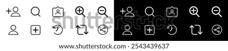 Social media interface buttons vector illustration, profile, add, zoom in, zoom out, history, back, share icons isolated