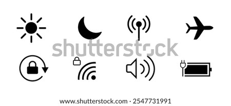 User interface Icons vector illustration, Screen buttons icons set for website, mobile app, ui. Contain Wifi, day mode, night mode, lock, flight mode, Aeroplane mode, Battery, volume icons.