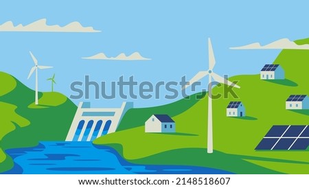 Renewable energy power concept. Environment friendly industry. Wind electricity generators, a dam and solar panels in nature landscape. Flat vector illustration EPS10