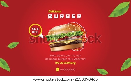 Delicious burger poster with 50% off, vector ,illustration