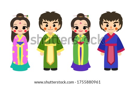 Cute illustration vector of colorful cartoon character of asian chinese couple (male/boy and female/girl) wearing traditional hanfu clothing in china, asian culture, east asian, sino sphere.