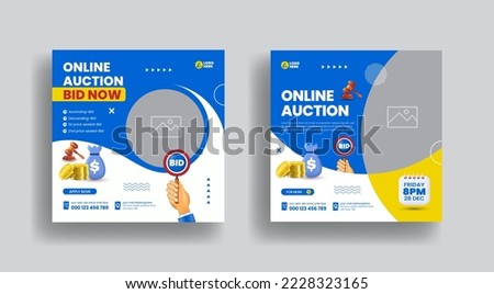 Modern online live auction bid banner for social media post template and law firm square flyer poster template set