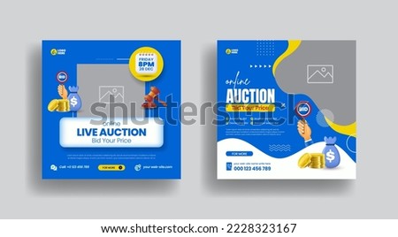 Modern online live auction bid banner for social media post template and law firm square flyer poster template set