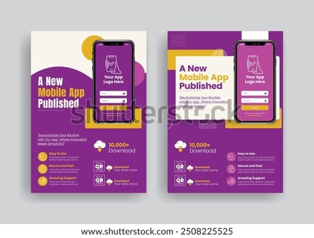 Mobile app promotion print flyer or poster set, phone repair flyer, mobile app development flyer, software promotion flyer with 3d smartphone illustration