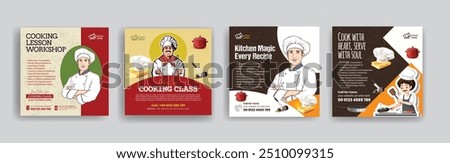 Restaurant chef job hiring, culinary training center and online cooking school class social media posts banner set, ads template or square flyer with chef flat illustration bundle design