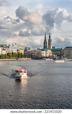 View of the Binnenalster lake and the center of Hamburg. View of the old buildings in the center of Hamburg, a Binnenalster lake and pleasure boats.