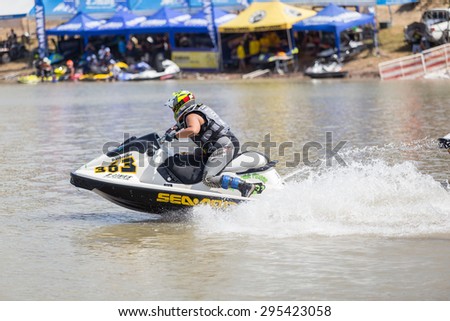 Phra Nakhon Si Ayutthaya THAILAND-JULY 11:Starting gate in action during moto2 class Pro Jet Ski ride 800 cc. the Jetski pro tour 2015 at Phra Nakhon Si Ayutthaya on July 11, 2015 in,Thailand.