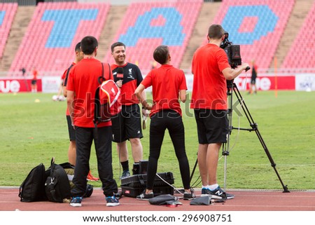 BANGKOK,THAILAND-JULY 14 :broadcasting team working during the international friendly match between Thailand All Stars and Liverpool FC at Rajamangala Stadium on July 14, 2015 in Bangkok, Thailand.