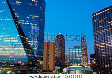 Downtown Dallas, Texas at dusk with the office lights freshly lit
