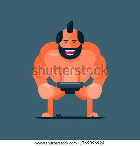 Big body builder man bent down Flat cartoon character vector Illustration