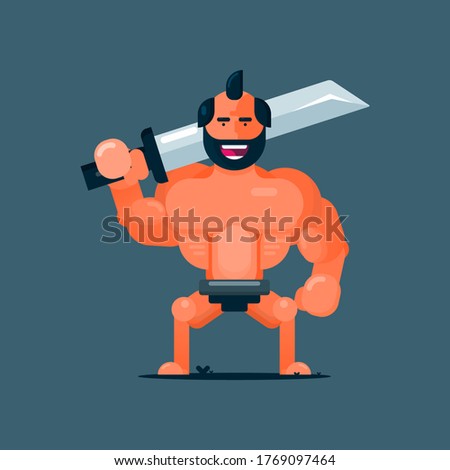 Big body builder man bring sword Flat cartoon character vector Illustration