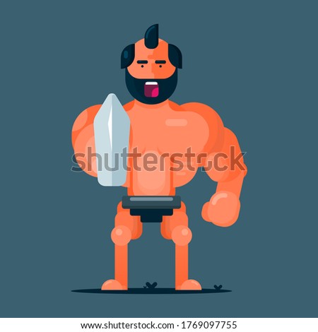 Big body builder man angry with sword on the right hand Flat cartoon character vector Illustration
