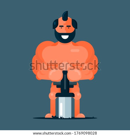 Big body builder man with sword stuck in the ground Flat cartoon character vector Illustration