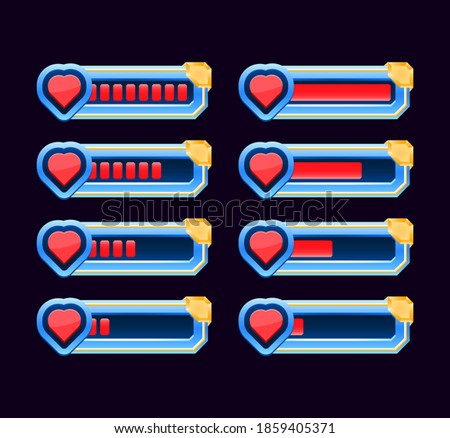 set of game ui animate from low to full indicator heart, health, and life bar for gui asset elements vector illustration