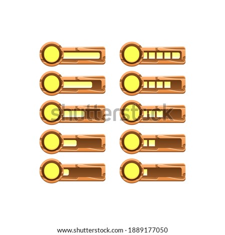 set of wooden game ui currency coins progress bar from low to full for gui asset elements vector illustration