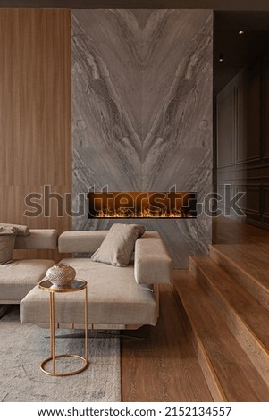 living room, marble wall fireplace and stylish bookcase to the ceiling in a chic expensive interior of a luxurious country house with a modern design with wood and led light, gray furniturу Photo stock © 